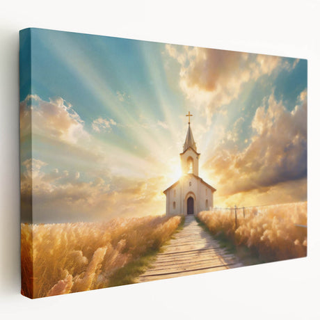 Large canvas print of a classic church design in muted earth tones, suitable for kitchen wall art.