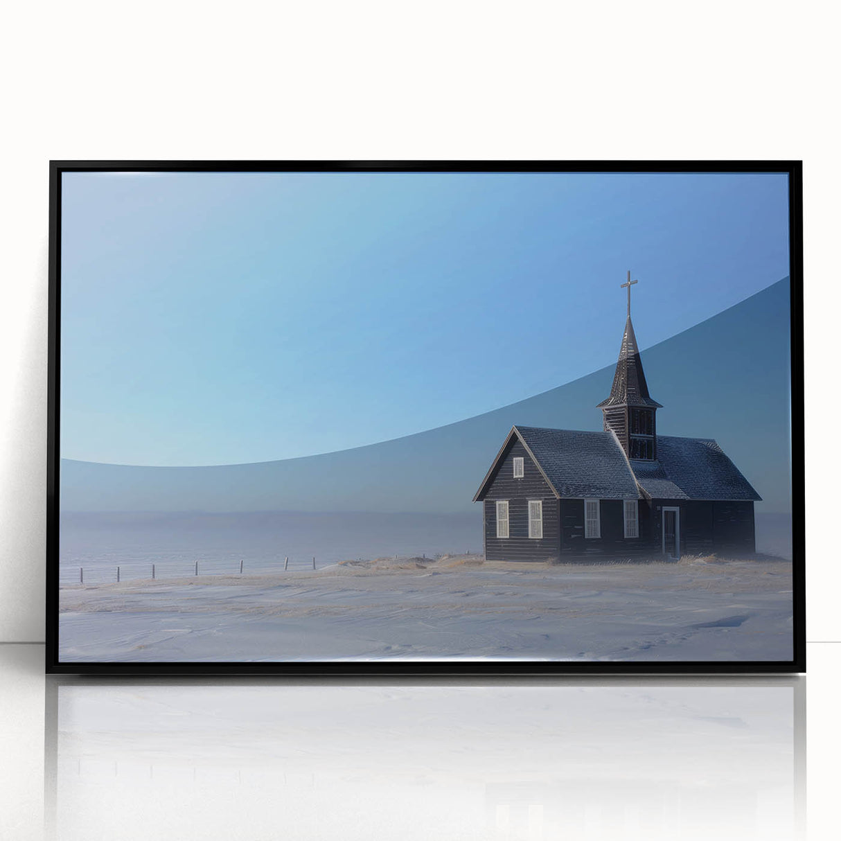 Large abstract wall art featuring a mid-century modernist church design in muted earth tones, framed in black acrylic.