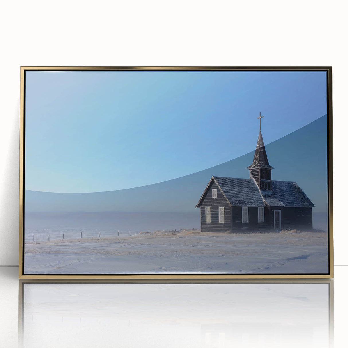 Mid-century modernist church design in gold and white tones on an acrylic print, suitable for nursery wall art.