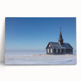 Black and white photo of a church on a stretched canvas, suitable as large kitchen wall art or for bedroom decor.