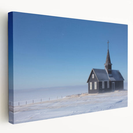 Side view of a large canvas print featuring a detailed church design in muted earth tones, ideal for kitchen wall art.