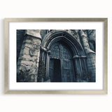 Abstract art print of a church in muted gray and blue tones on a framed silver mat, ideal for dining room decor.