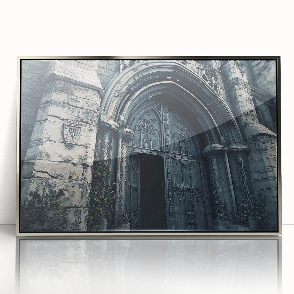Art Deco style poster of a church in muted silver and gray tones on framed acrylic, ideal for modern nursery wall art.