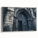 Vintage poster art of a church, rendered in colorful tones on a large framed canvas, suitable for living room decor.