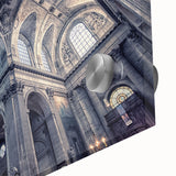 Large abstract wall art featuring mid-century modernist style church designs in muted tones on acrylic glass.