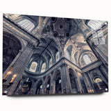 Large abstract wall art on acrylic glass showcasing various church designs in muted earth tones.