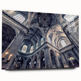 Large abstract wall art on acrylic glass depicting a modern church design in neutral tones.