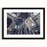 Extra large abstract art print featuring a colorful, textured depiction of a church, framed in black.
