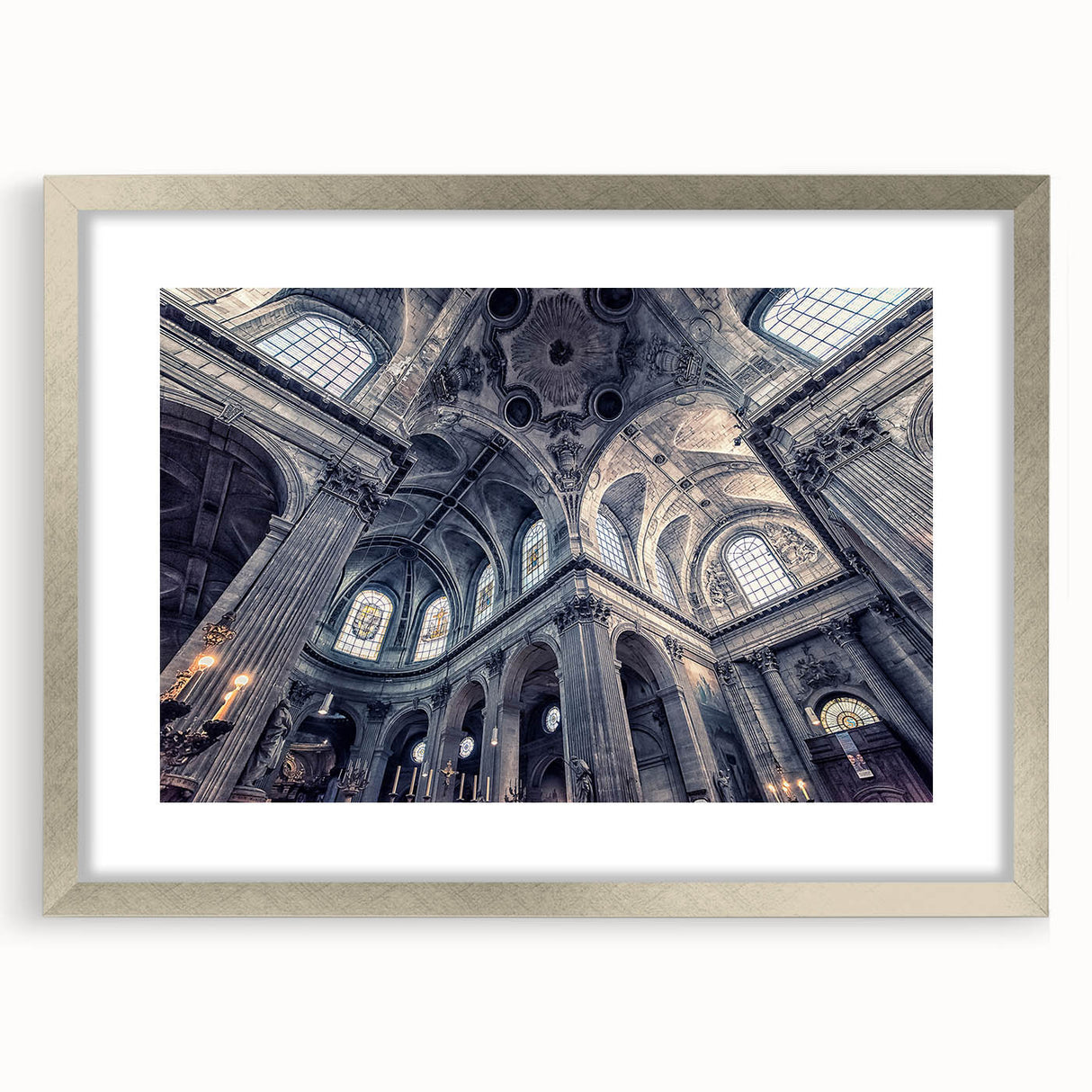 Abstract art print of a church in muted gray and silver tones on a framed canvas, suitable for dining room decor.