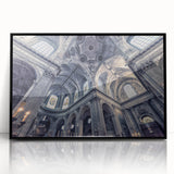 Large abstract wall art featuring a mid-century modernist church design in black and white tones, framed in acrylic.