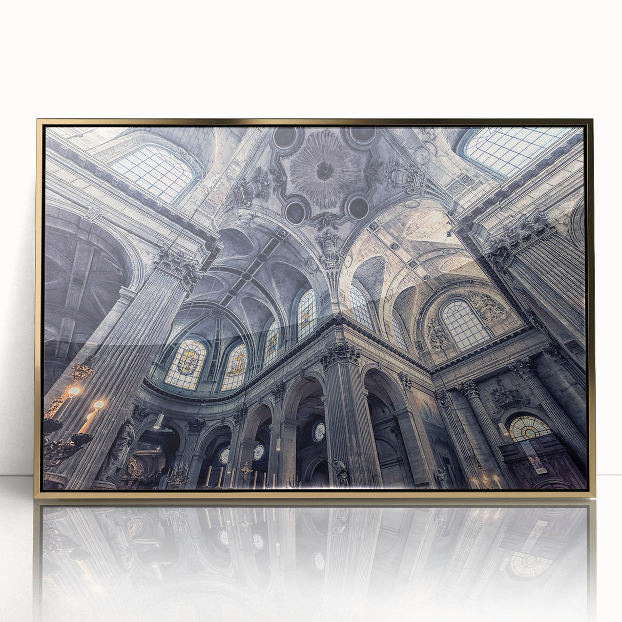 Mid-century modernist art of a church in pastel shades on gold-framed acrylic, ideal for nursery wall art.