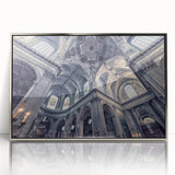 Art deco poster of a stylized church in silver and gray tones on framed acrylic, suitable for modern nursery wall decor.