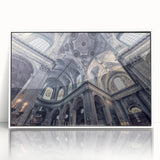 Mid-century modernist church design in muted colors on a white acrylic framed print, suitable for modern art wall decor.