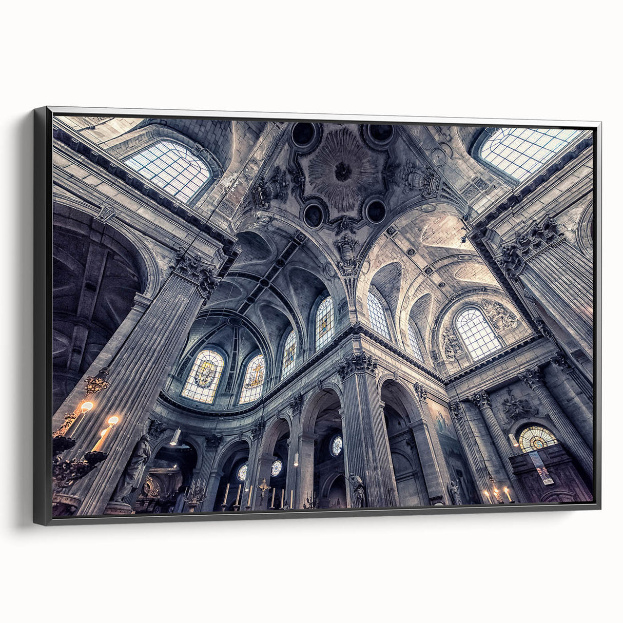 Black and white landscape art painting of a church, framed canvas, ideal for bedroom wall decor.