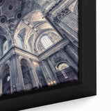 Extra large black wall art featuring a textured, colorful church design on framed canvas, suitable for living room decor.