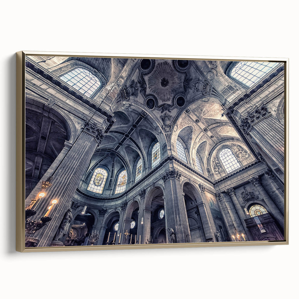 Framed canvas featuring a vintage poster of a colorful church landscape, ideal for enhancing black wall art in living spaces.