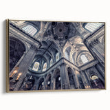 Framed canvas featuring a vintage poster of a colorful church landscape, ideal for enhancing black wall art in living spaces.