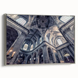 Vintage poster art of a church, featuring a colorful palette on black, framed canvas, ideal for living room decor.