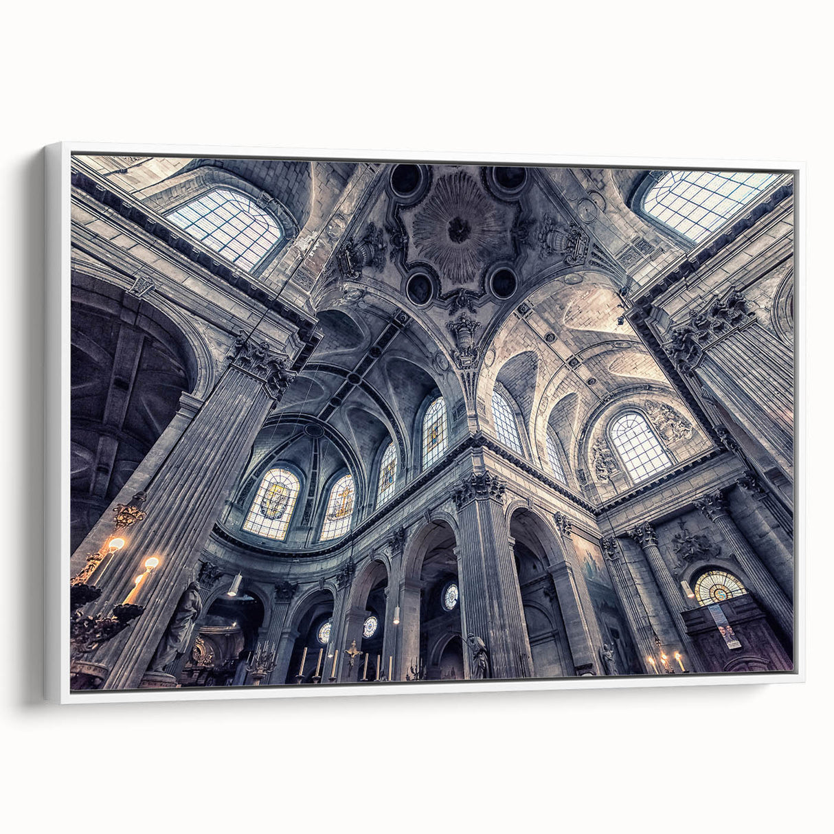 A vintage poster art of a black and white church landscape on a framed canvas, ideal for bedroom wall decor.