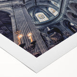 Art deco poster of a church in pastel shades on rolled canvas, suitable for dining room or bathroom walls.