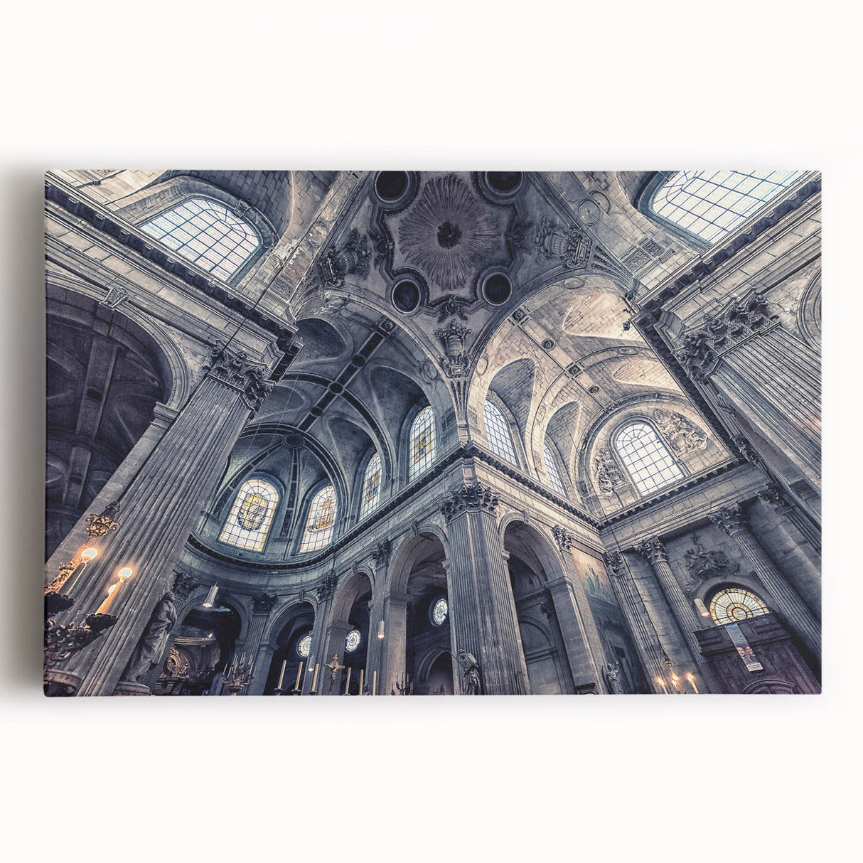 Black and white stretched canvas featuring an intricate church design, ideal for kitchen wall art.