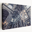 Side view of a stretched canvas featuring a minimalist church design in muted gray tones, ideal for kitchen wall art.