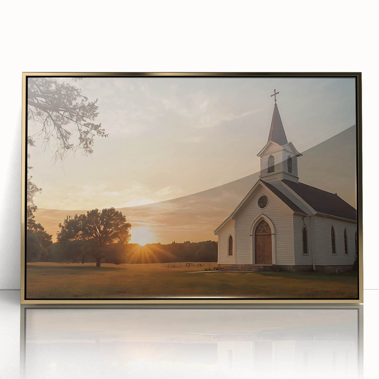Mid-century modernist art featuring an acrylic print of a church, with gold and blue hues, ideal for nursery wall decor.
