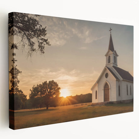 Side view of a large stretched canvas depicting a detailed church design in muted earth tones, suitable for kitchen wall art.
