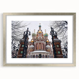 Abstract art print of a church in muted gray and silver tones on a framed canvas, suitable for dining room decor.