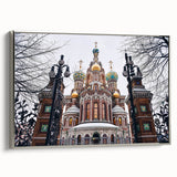 Vintage poster art of a church, rendered in colorful hues on a black background, framed canvas, ideal for living room decor.