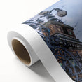 Art Deco style church illustration in soft pastel shades on rolled canvas, ideal for nursery wall art.