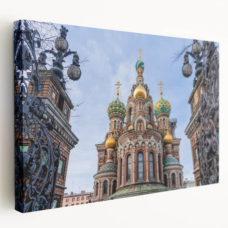 Large stretched canvas featuring a detailed illustration of a church, in muted earth tones, suitable for kitchen wall art.