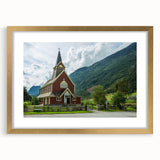 Textured abstract art print of a church, rendered in soft beige and white tones on a gold-framed canvas.