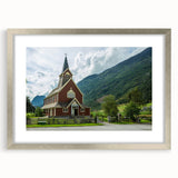 Abstract art print of a geometric church design in muted gray and silver, framed with a mat, ideal for dining room decor.