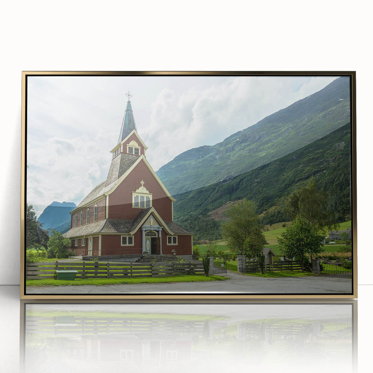 Mid-century modernist art depicting a church, in muted gold and white tones on framed acrylic.