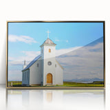 Mid-century modernist art depicting a church in gold acrylic, framed, ideal for nursery wall decor.