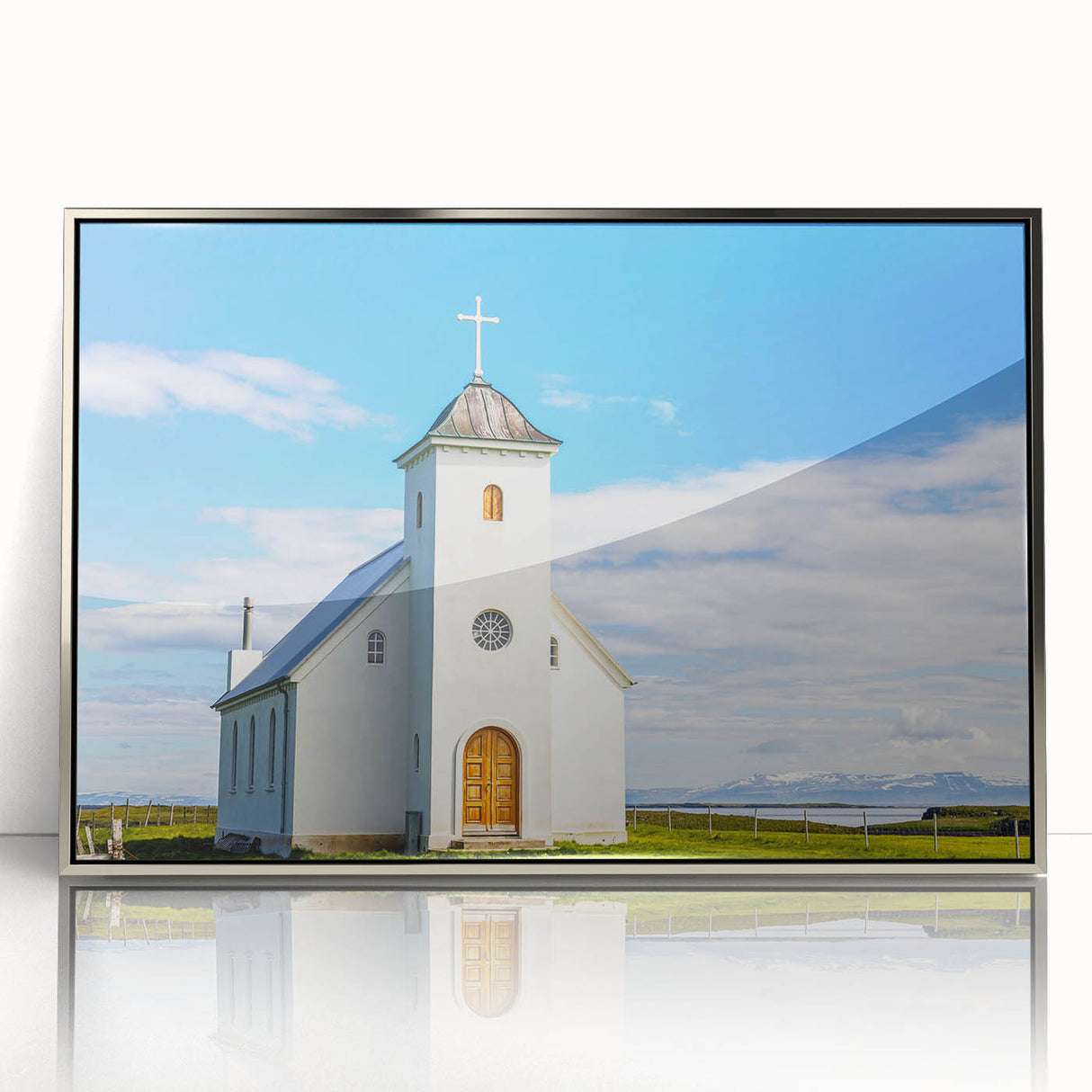 Art deco poster of a church, silver-framed acrylic print in muted tones, ideal for nursery wall art.