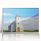 Mid-century modernist church design in muted gray and blue tones on a framed acrylic, ideal for modern art wall decor.