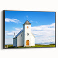 Black and white framed canvas of a vintage church landscape, ideal for bedroom wall decor.