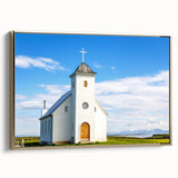 Framed canvas depicting a vintage landscape art painting of a church, with a gold frame, ideal for living room decor.