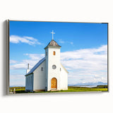 Vintage poster art of a church in muted black and colorful accents on a large framed canvas, suitable for living room decor.