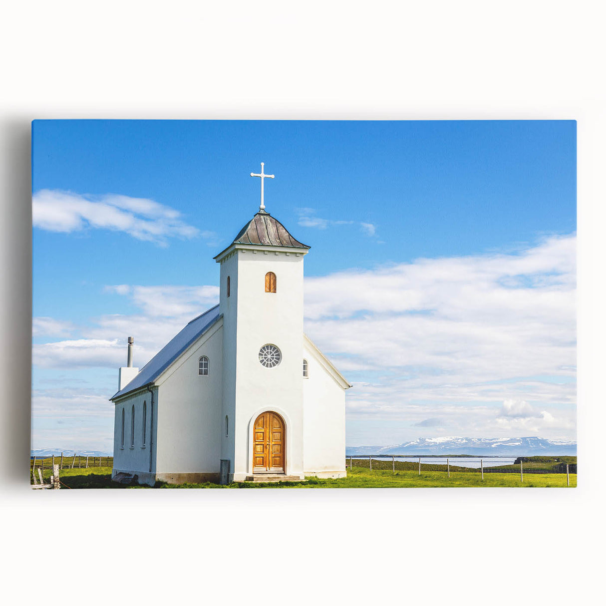 Black and white stretched canvas featuring a large, detailed illustration of a church, ideal for kitchen wall art.