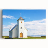 Black and white stretched canvas featuring a large, detailed illustration of a church, ideal for kitchen wall art.