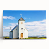 Black and white photo of a church on stretched canvas, ideal for kitchen wall art or bedroom ambiance.