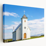 Side view of a stretched canvas depicting a minimalist church design in monochrome tones, ideal for kitchen wall art.