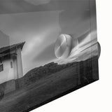 Large abstract wall art of a church in mid-century modernist style on acrylic glass, in muted earth tones.