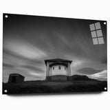 Acrylic print of a large abstract design in blue and gold tones, suited for dining room or bedroom walls.