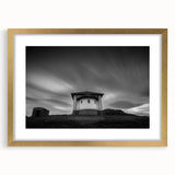 Textured abstract art print of a church, rendered in soft gray and white tones on a framed canvas.