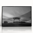 Large abstract wall art depicting a church in mid-century modernist style, framed in black acrylic.