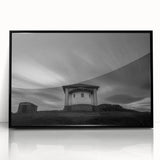 Large abstract wall art depicting a church in mid-century modernist style, framed in black acrylic.